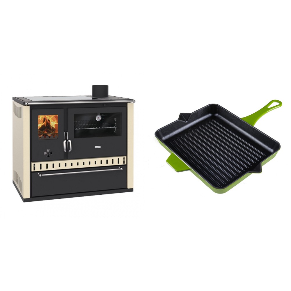 Set Küchenofen / Küchenhexe Prity GT Elfenbein, mit Glaskeramik-Kochfeld und Schublade, Leistung 15 kW + Emaillierte grillpfanne Gusseisen Solagio, Bamboo, 26x32cm | Kaminofen - Holzofen mit Backfach | Kaminofen |