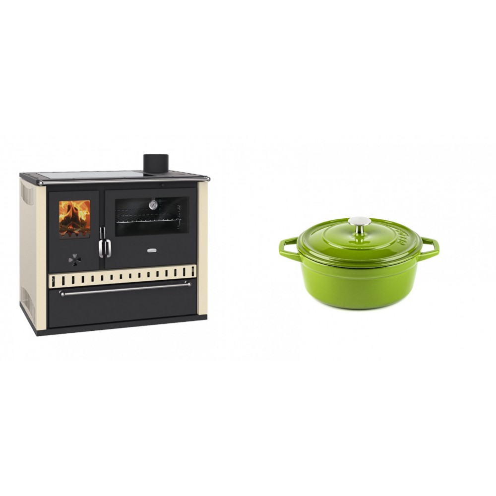 Set Küchenofen / Küchenhexe Prity GT Elfenbein, mit Glaskeramik-Kochfeld und Schublade, Leistung 15 kW + Gusseisen Topf Tiefer Solagio, Bamboo, Ф12