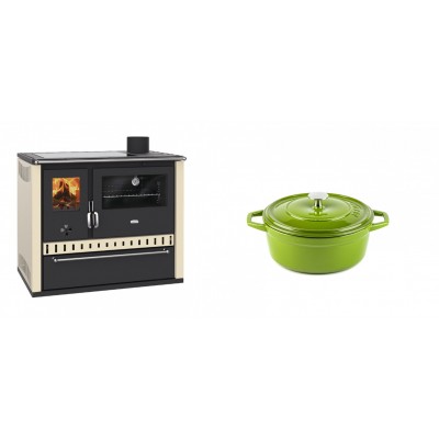 Set Küchenofen / Küchenhexe Prity GT Elfenbein, mit Glaskeramik-Kochfeld und Schublade, Leistung 15 kW + Gusseisen Topf Tiefer Solagio, Bamboo, Ф12 - Kaminofen - Holzofen mit Backfach