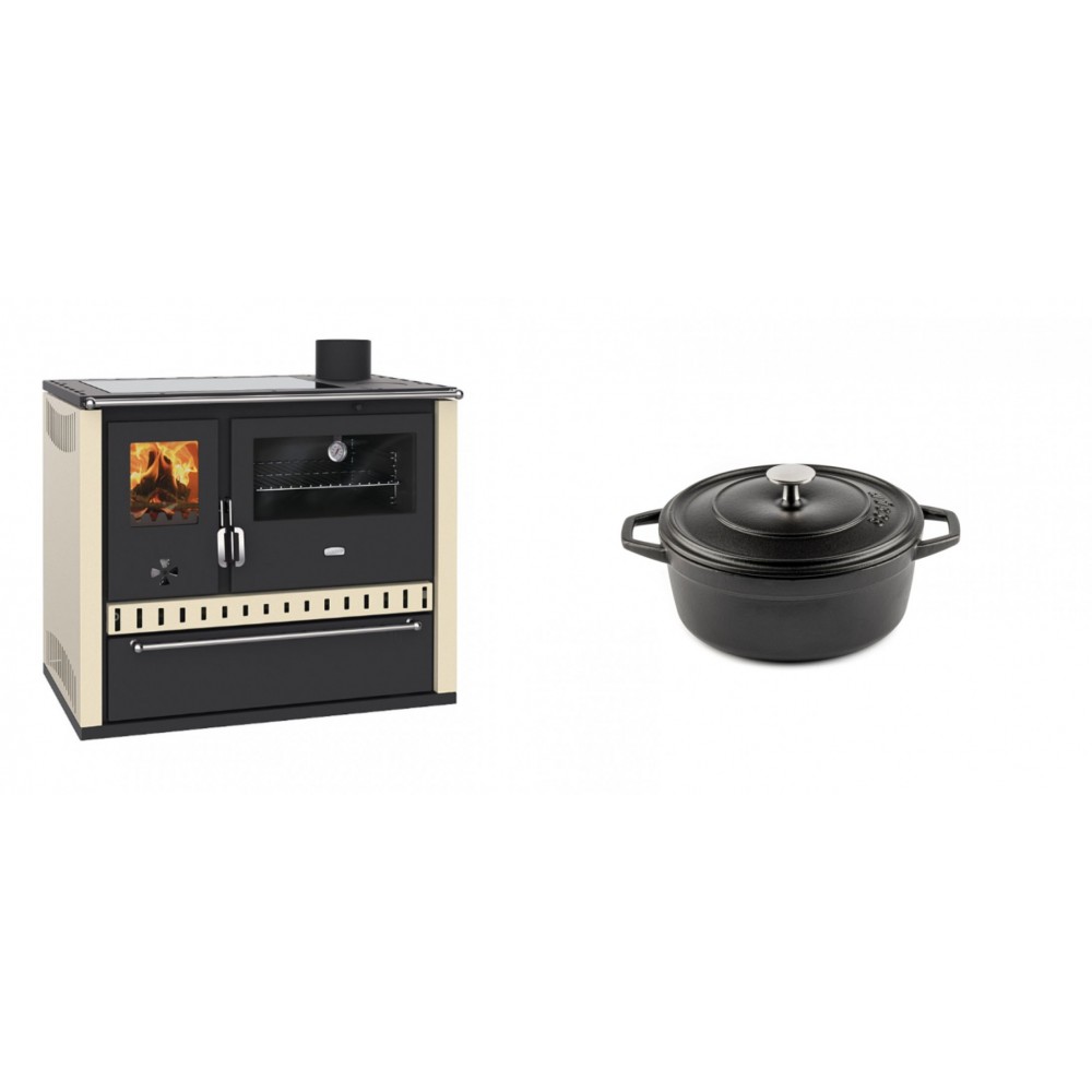 Set Küchenofen / Küchenhexe Prity GT Elfenbein, mit Glaskeramik-Kochfeld und Schublade, Leistung 15 kW + Gusseisen Topf Tiefer Solagio, Black Onyx, Ф12 | Kaminofen - Holzofen mit Backfach | Kaminofen |