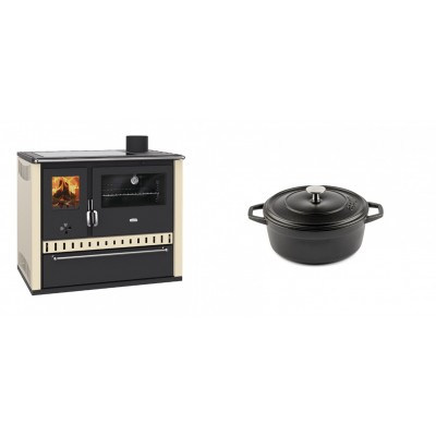 Set Küchenofen / Küchenhexe Prity GT Elfenbein, mit Glaskeramik-Kochfeld und Schublade, Leistung 15 kW + Gusseisen Topf Tiefer Solagio, Black Onyx, Ф12 - Kaminofen - Holzofen mit Backfach