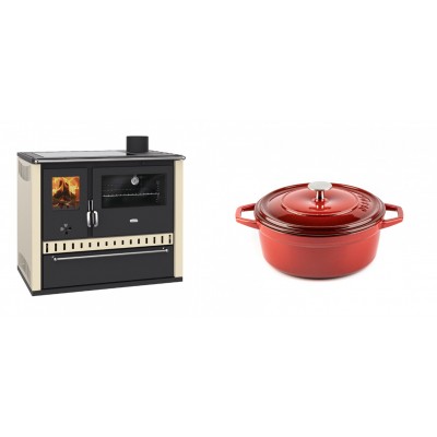 Set Küchenofen / Küchenhexe Prity GT Elfenbein, mit Glaskeramik-Kochfeld und Schublade, Leistung 15 kW + Gusseisen Topf Tiefer Solagio, Rubin, Ф20 - Kaminofen - Holzofen mit Backfach