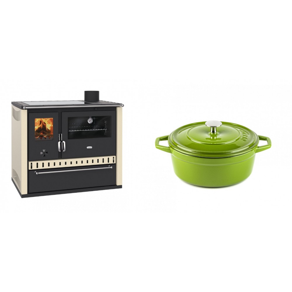 Set Küchenofen / Küchenhexe Prity GT Elfenbein, mit Glaskeramik-Kochfeld und Schublade, Leistung 15 kW + Gusseisen Topf Tiefer Solagio, Bamboo, Ф20 | Kaminofen - Holzofen mit Backfach | Kaminofen |