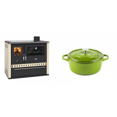 Set Küchenofen / Küchenhexe Prity GT Elfenbein, mit Glaskeramik-Kochfeld und Schublade, Leistung 15 kW + Gusseisen Topf Tiefer Solagio, Bamboo, Ф20 - Kaminofen - Holzofen mit Backfach