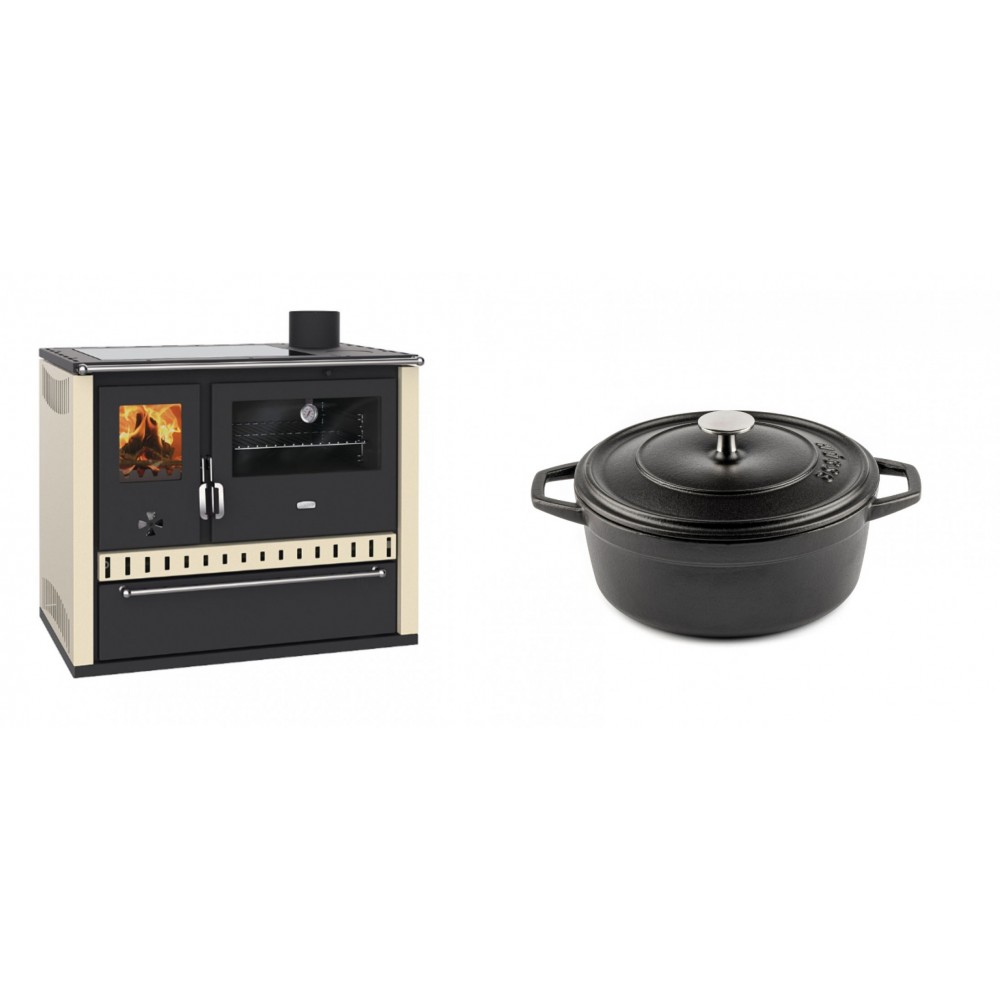 Set Küchenofen / Küchenhexe Prity GT Elfenbein, mit Glaskeramik-Kochfeld und Schublade, Leistung 15 kW + Gusseisen Topf Tiefer Solagio, Black Onyx, Ф20