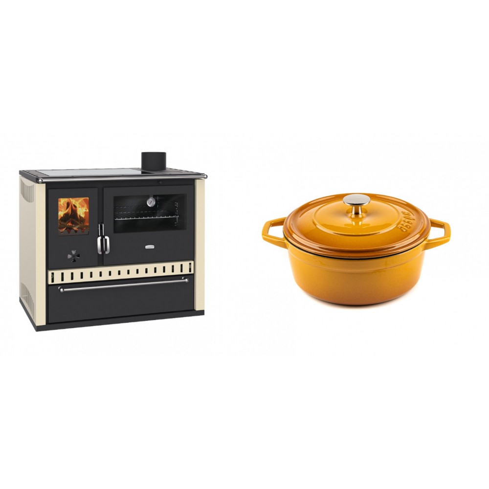 Set Küchenofen / Küchenhexe Prity GT Elfenbein, mit Glaskeramik-Kochfeld und Schublade, Leistung 15 kW + Gusseisen Topf Tiefer Solagio, Dijon, Ф20 | Kaminofen - Holzofen mit Backfach | Kaminofen |