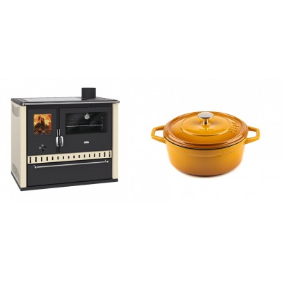 Set Küchenofen / Küchenhexe Prity GT Elfenbein, mit Glaskeramik-Kochfeld und Schublade, Leistung 15 kW + Gusseisen Topf Tiefer Solagio, Dijon, Ф20 - Kaminofen - Holzofen mit Backfach