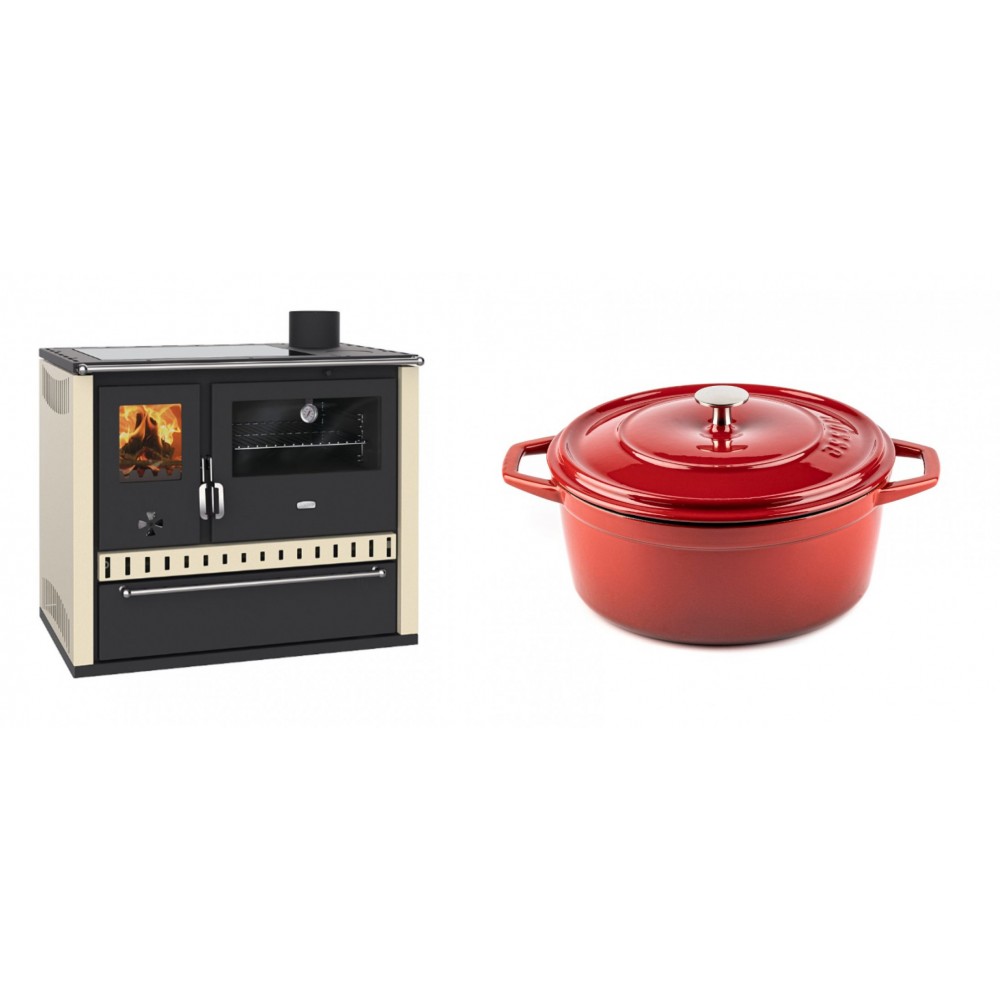 Set Küchenofen / Küchenhexe Prity GT Elfenbein, mit Glaskeramik-Kochfeld und Schublade, Leistung 15 kW + Gusseisen Topf Tiefer Solagio, Rubin, Ф24