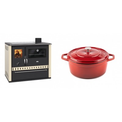 Set Küchenofen / Küchenhexe Prity GT Elfenbein, mit Glaskeramik-Kochfeld und Schublade, Leistung 15 kW + Gusseisen Topf Tiefer Solagio, Rubin, Ф24 - Kaminofen - Holzofen mit Backfach