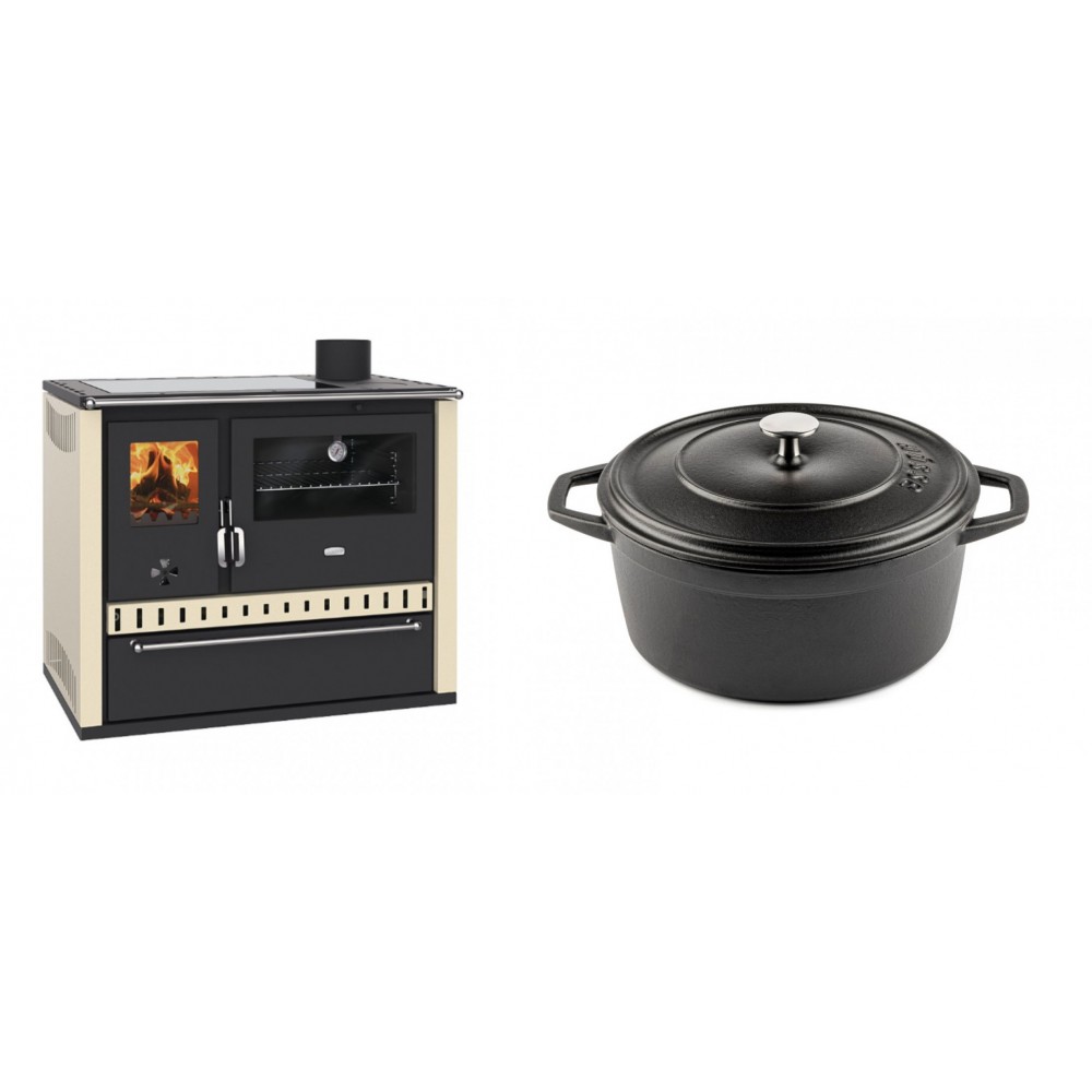 Set Küchenofen / Küchenhexe Prity GT Elfenbein, mit Glaskeramik-Kochfeld und Schublade, Leistung 15 kW + Gusseisen Topf Tiefer Solagio, Black Onyx, Ф24 | Kaminofen - Holzofen mit Backfach | Kaminofen |