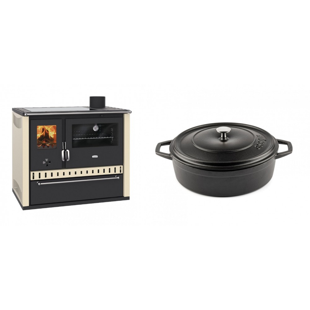 Set Küchenofen / Küchenhexe Prity GT Elfenbein, mit Glaskeramik-Kochfeld und Schublade, Leistung 15 kW + Gusseisen Topf Flach Solagio, Black Onyx, Ф26 | Kaminofen - Holzofen mit Backfach | Kaminofen |