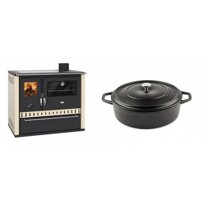 Set Küchenofen / Küchenhexe Prity GT Elfenbein, mit Glaskeramik-Kochfeld und Schublade, Leistung 15 kW + Gusseisen Topf Flach Solagio, Black Onyx, Ф26 - Kaminofen - Holzofen mit Backfach