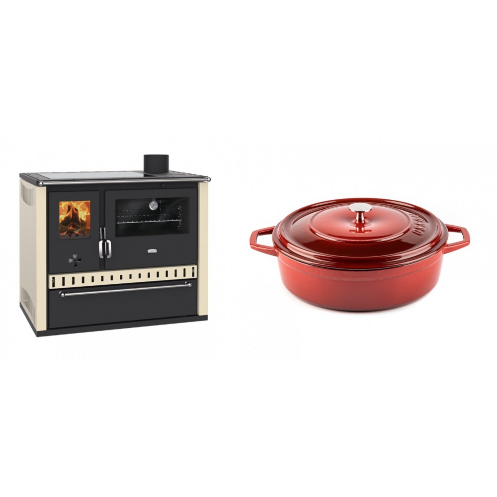 Set Küchenofen / Küchenhexe Prity GT Elfenbein, mit Glaskeramik-Kochfeld und Schublade, Leistung 15 kW + Gusseisen Topf Flach Solagio, Rubin, Ф26 | Kaminofen - Holzofen mit Backfach | Kaminofen |