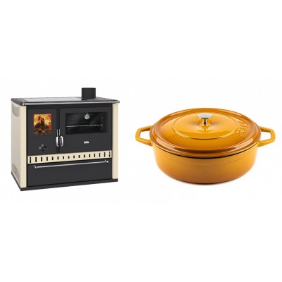 Set Küchenofen / Küchenhexe Prity GT Elfenbein, mit Glaskeramik-Kochfeld und Schublade, Leistung 15 kW + Gusseisen Topf Flach Solagio, Dijon, Ф28 - Kaminofen - Holzofen mit Backfach