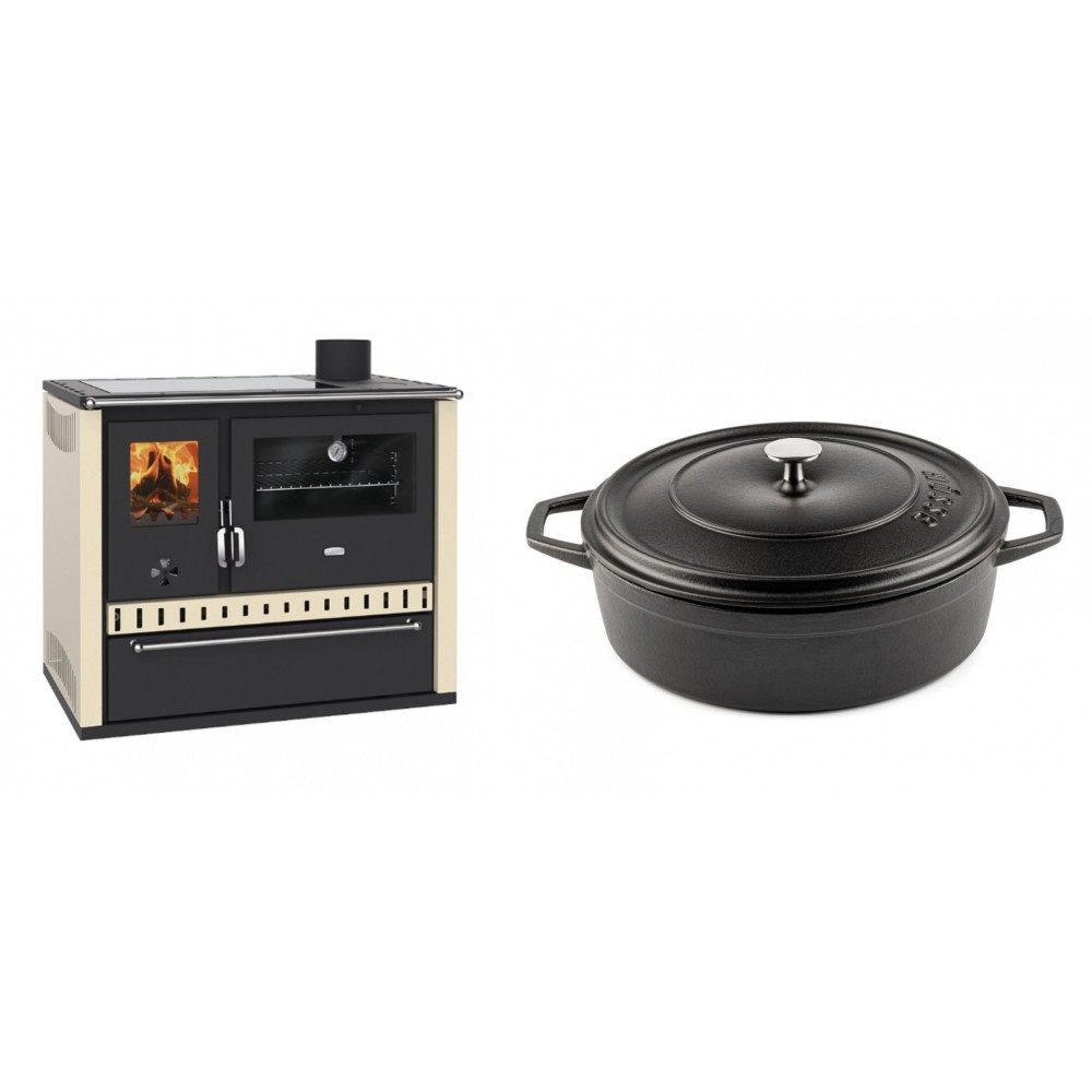 Set Küchenofen / Küchenhexe Prity GT Elfenbein, mit Glaskeramik-Kochfeld und Schublade, Leistung 15 kW + Gusseisen Topf Flach Solagio, Black Onyx, Ф28 | Kaminofen - Holzofen mit Backfach | Kaminofen |