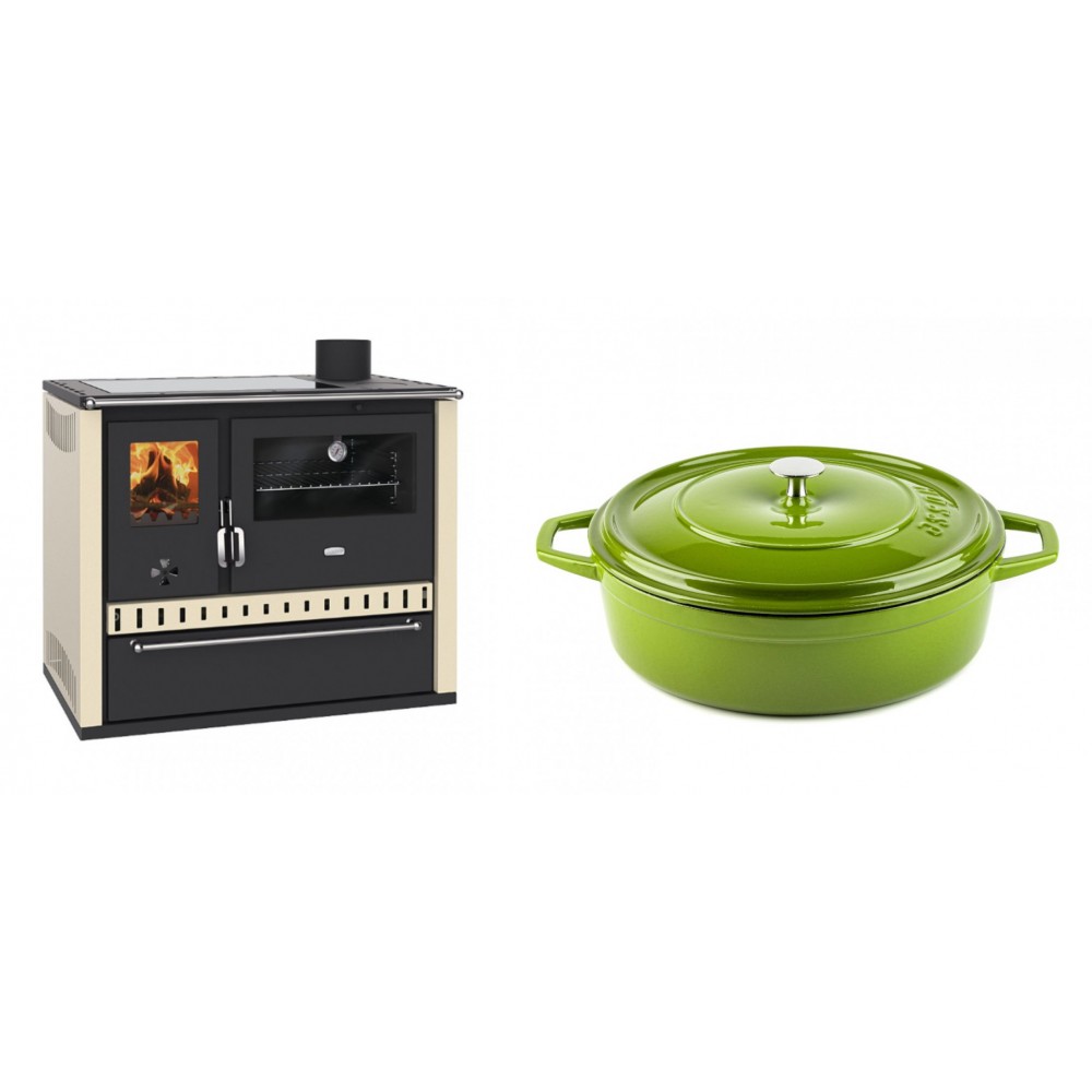 Set Küchenofen / Küchenhexe Prity GT Elfenbein, mit Glaskeramik-Kochfeld und Schublade, Leistung 15 kW + Gusseisen Topf Flach Solagio, Bamboo, Ф28 | Kaminofen - Holzofen mit Backfach | Kaminofen |