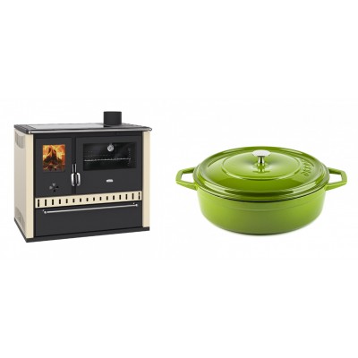 Set Küchenofen / Küchenhexe Prity GT Elfenbein, mit Glaskeramik-Kochfeld und Schublade, Leistung 15 kW + Gusseisen Topf Flach Solagio, Bamboo, Ф28 - Kaminofen - Holzofen mit Backfach