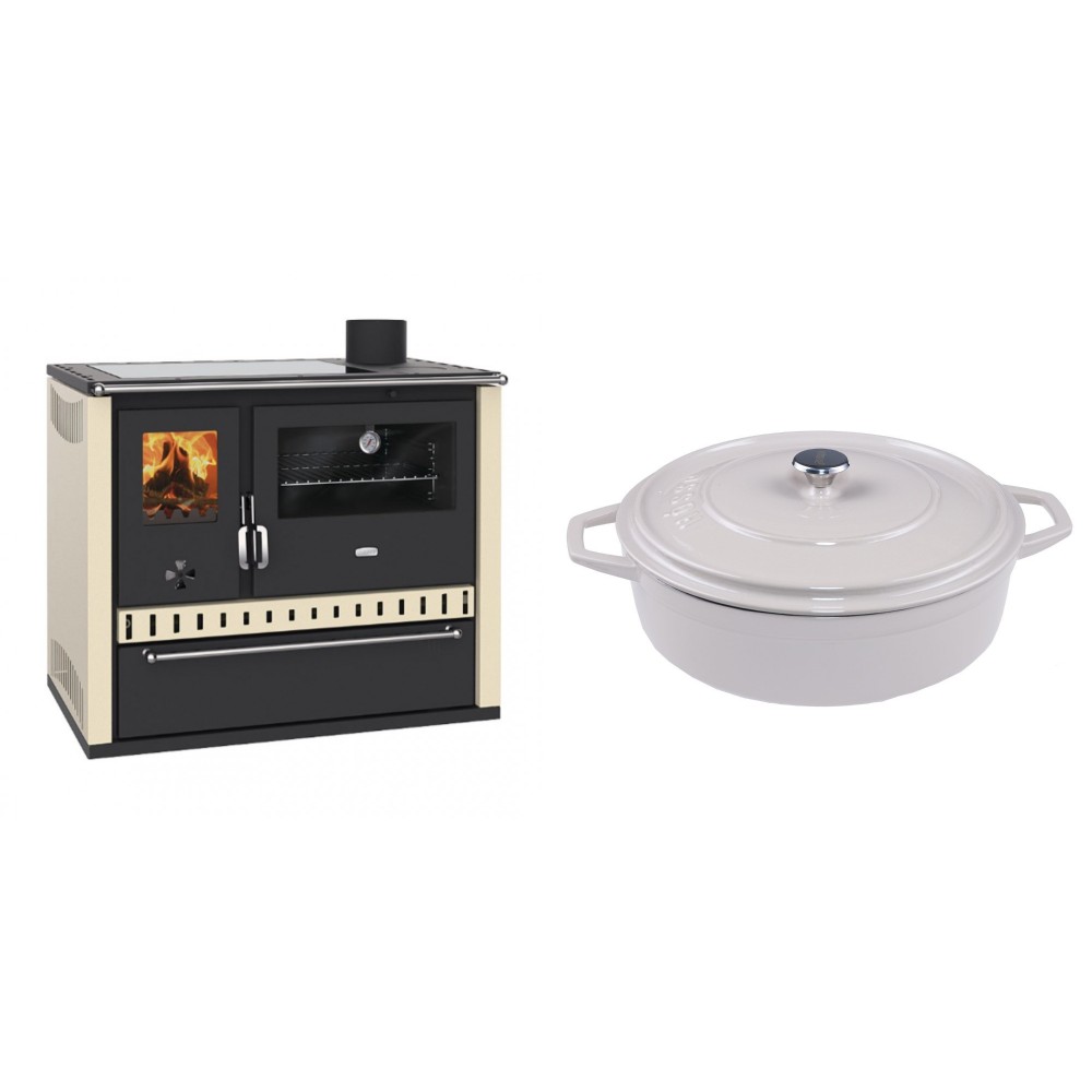 Set Küchenofen / Küchenhexe Prity GT Elfenbein, mit Glaskeramik-Kochfeld und Schublade, Leistung 15 kW + Gusseisen Topf Flach Solagio, Ivory, Ф28 | Kaminofen - Holzofen mit Backfach | Kaminofen |