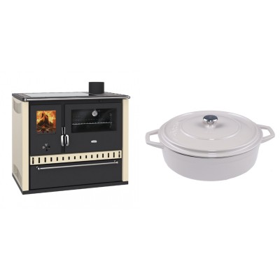 Set Küchenofen / Küchenhexe Prity GT Elfenbein, mit Glaskeramik-Kochfeld und Schublade, Leistung 15 kW + Gusseisen Topf Flach Solagio, Ivory, Ф28 - Kaminofen - Holzofen mit Backfach