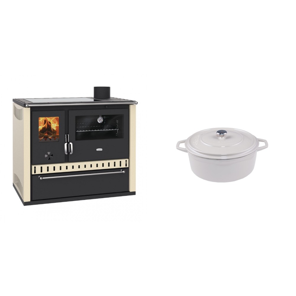 Set Küchenofen / Küchenhexe Prity GT Elfenbein, mit Glaskeramik-Kochfeld und Schublade, Leistung 15 kW + Gusseisen Topf Tiefer Solagio, Ivory, Ф12 | Kaminofen - Holzofen mit Backfach | Kaminofen |