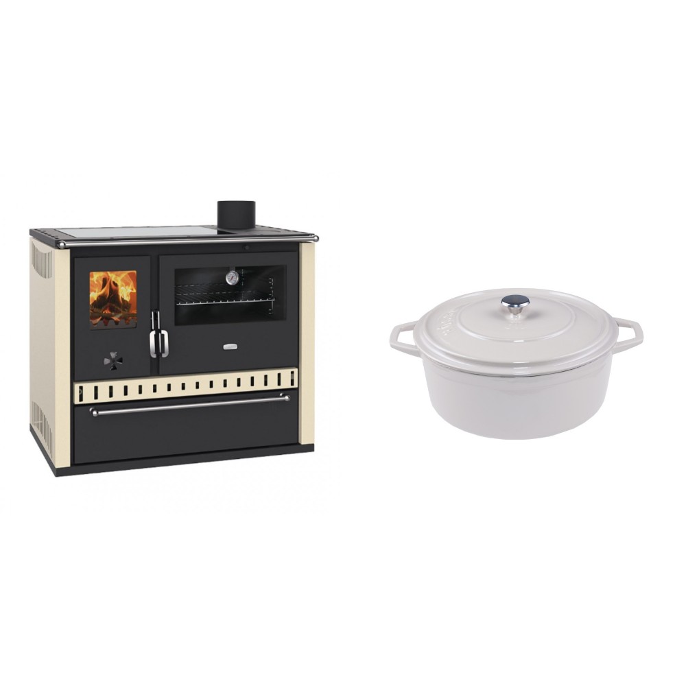 Set Küchenofen / Küchenhexe Prity GT Elfenbein, mit Glaskeramik-Kochfeld und Schublade, Leistung 15 kW + Gusseisen Topf Tiefer Solagio, Ivory, Ф20