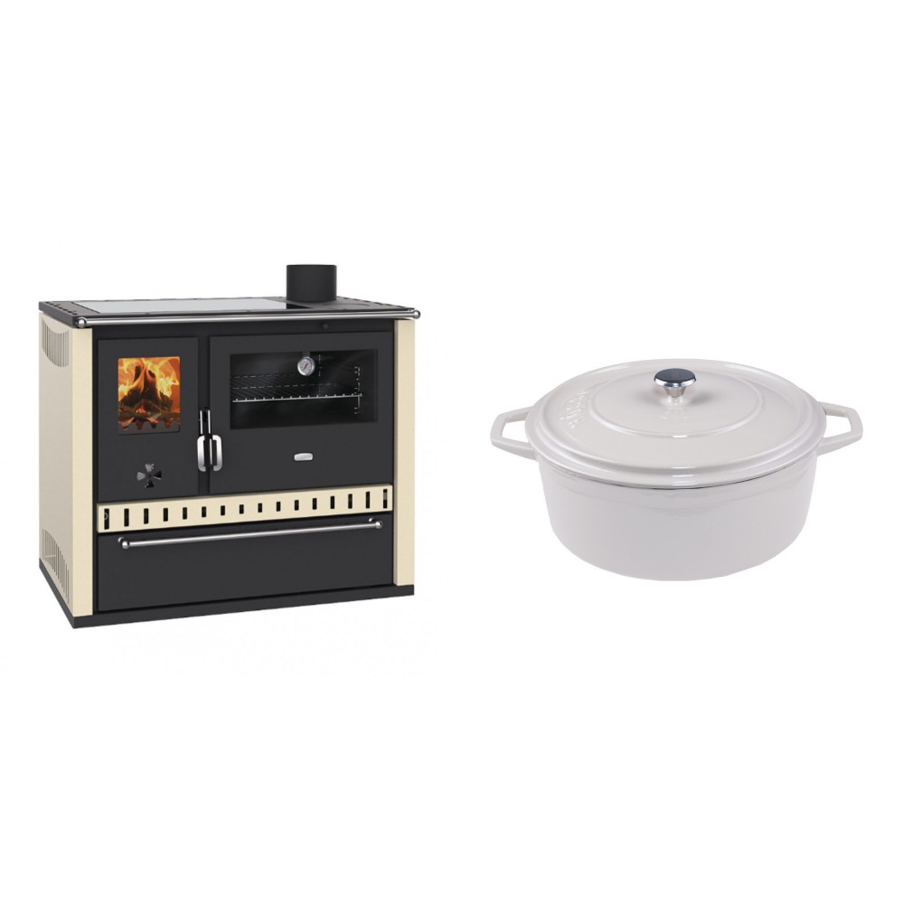 Set Küchenofen / Küchenhexe Prity GT Elfenbein, mit Glaskeramik-Kochfeld und Schublade, Leistung 15 kW + Gusseisen Topf Tiefer Solagio, Ivory, Ф24 | Kaminofen - Holzofen mit Backfach | Kaminofen |