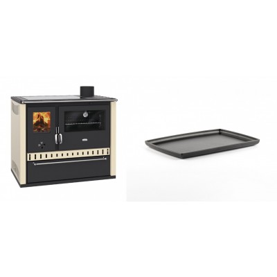 Set Küchenofen / Küchenhexe Prity GT Elfenbein, mit Glaskeramik-Kochfeld und Schublade, Leistung 15 kW + Rechteckige Servierplatte aus Gusseisen Solagio, 21x31cm - Kaminofen - Holzofen mit Backfach