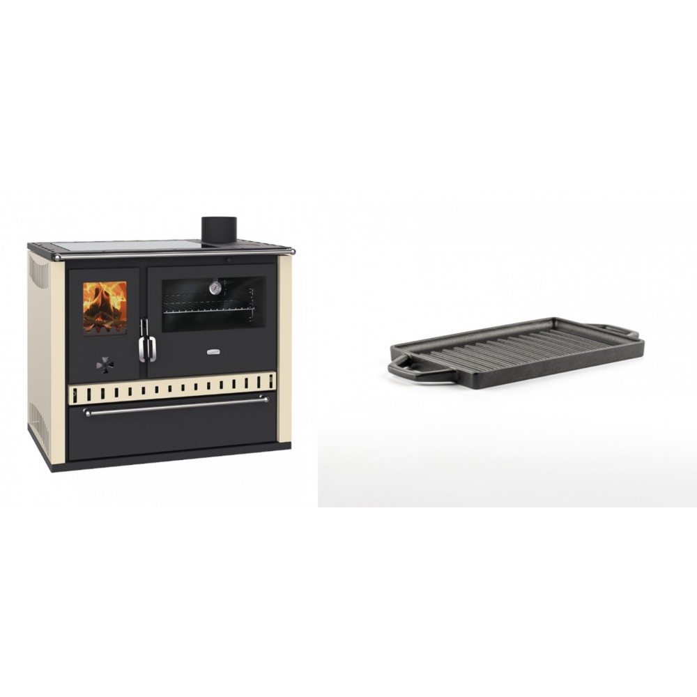 Set Küchenofen / Küchenhexe Prity GT Elfenbein, mit Glaskeramik-Kochfeld und Schublade, Leistung 15 kW + Mini-Grillplatte aus Gusseisen Solagio, 15.5x22.5cm | Kaminofen - Holzofen mit Backfach | Kaminofen |