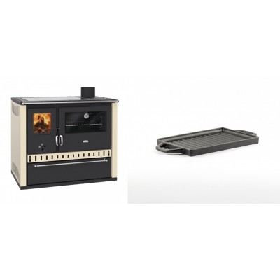 Set Küchenofen / Küchenhexe Prity GT Elfenbein, mit Glaskeramik-Kochfeld und Schublade, Leistung 15 kW + Mini-Grillplatte aus Gusseisen Solagio, 15.5x22.5cm - Kaminofen - Holzofen mit Backfach