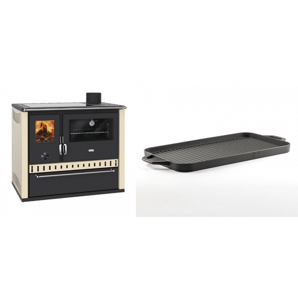 Set Küchenofen / Küchenhexe Prity GT Elfenbein, mit Glaskeramik-Kochfeld und Schublade, Leistung 15 kW + Große Grillplatte aus Gusseisen Solagio, 25x44cm | Kaminofen - Holzofen mit Backfach | Kaminofen |