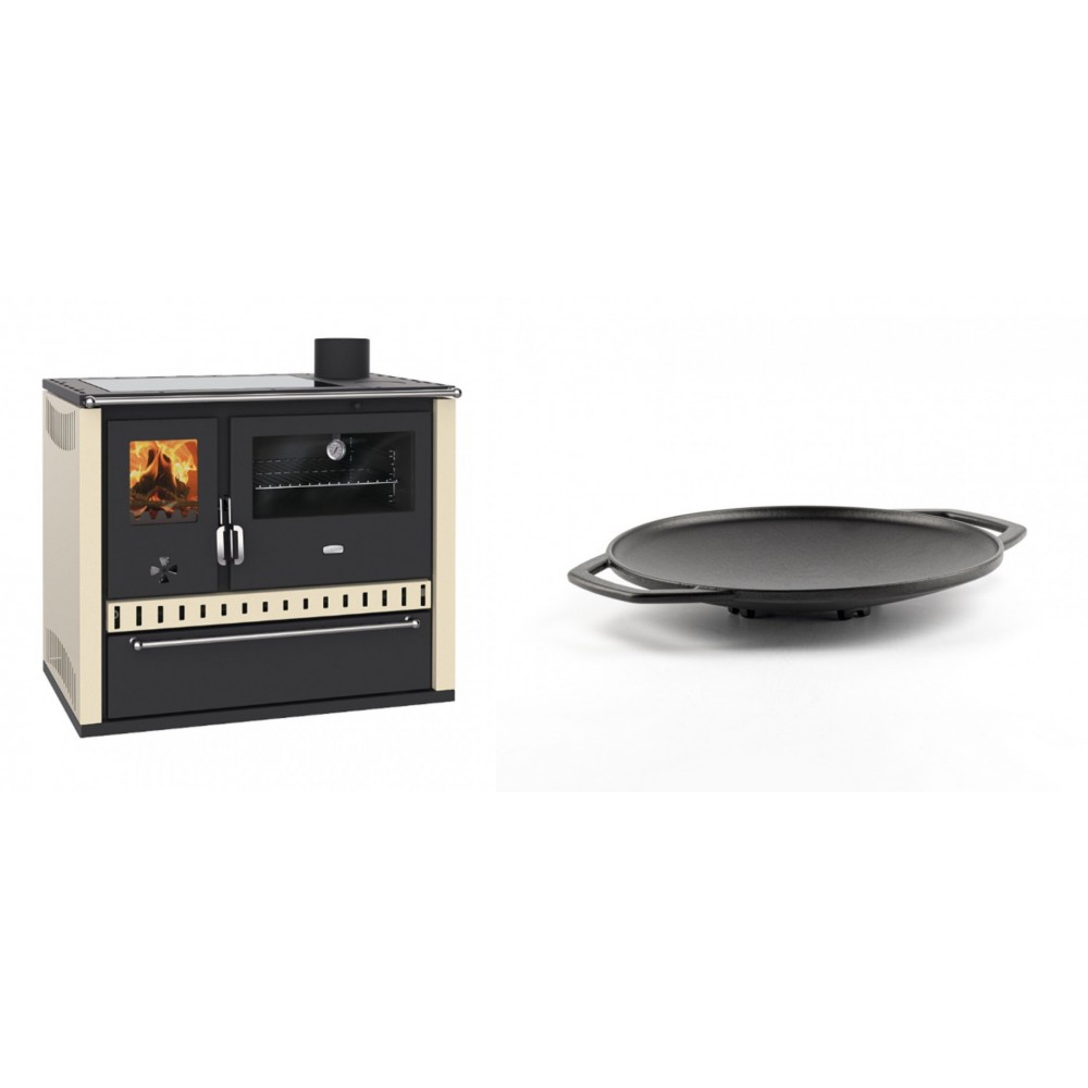 Set Küchenofen / Küchenhexe Prity GT Elfenbein, mit Glaskeramik-Kochfeld und Schublade, Leistung 15 kW + Backplatte aus Gusseisen Solagio, Ф28cm | Kaminofen - Holzofen mit Backfach | Kaminofen |