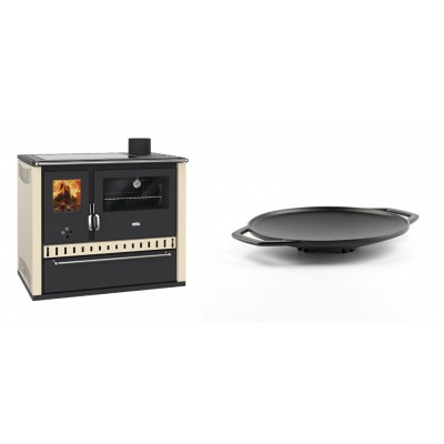 Set Küchenofen / Küchenhexe Prity GT Elfenbein, mit Glaskeramik-Kochfeld und Schublade, Leistung 15 kW + Backplatte aus Gusseisen Solagio, Ф28cm - Kaminofen - Holzofen mit Backfach