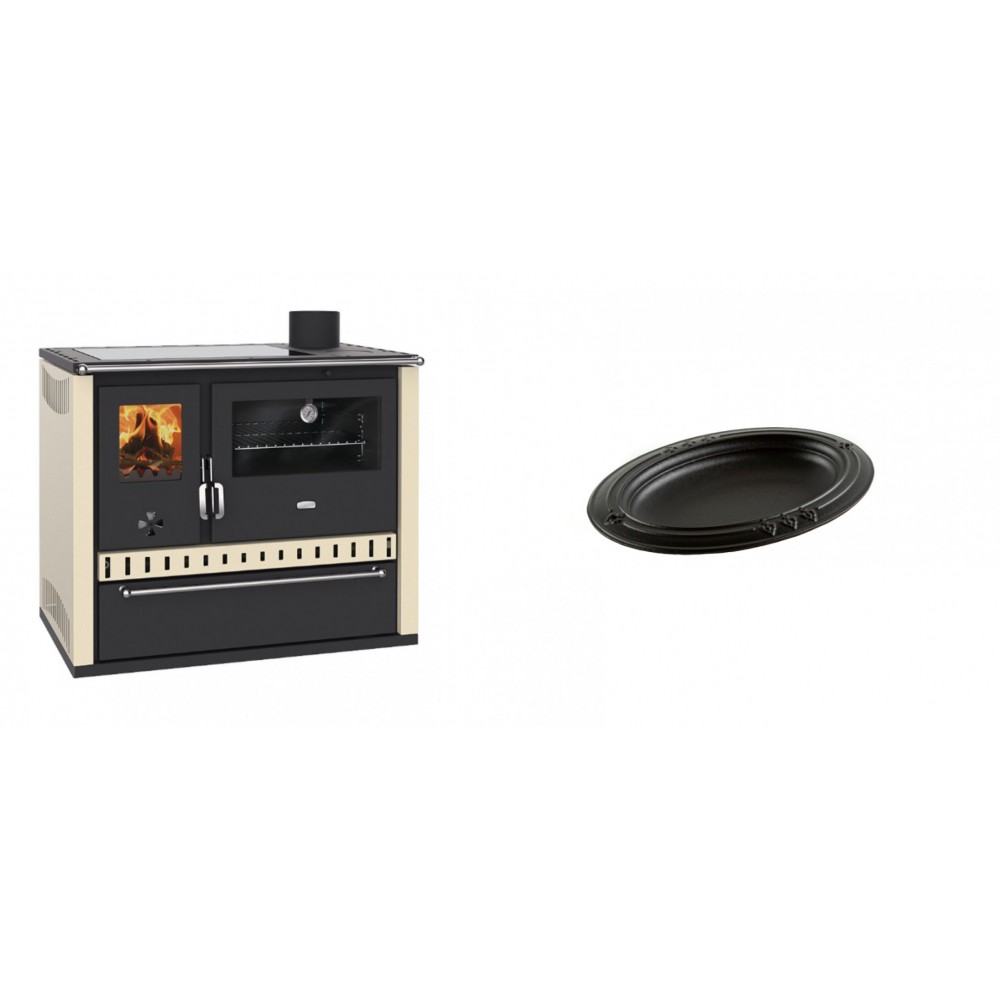 Set Küchenofen / Küchenhexe Prity GT Elfenbein, mit Glaskeramik-Kochfeld und Schublade, Leistung 15 kW + Gusseiserne auflaufform Solagio oval, 17x28cm | Kaminofen - Holzofen mit Backfach | Kaminofen |