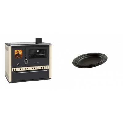 Set Küchenofen / Küchenhexe Prity GT Elfenbein, mit Glaskeramik-Kochfeld und Schublade, Leistung 15 kW + Gusseiserne auflaufform Solagio oval, 17x28cm - Kaminofen - Holzofen mit Backfach