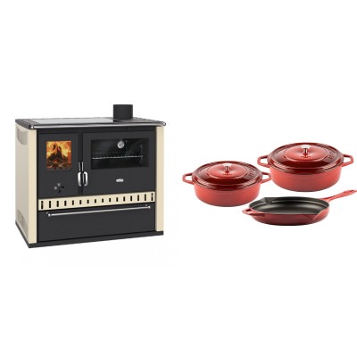 Set Küchenofen / Küchenhexe Prity GT Elfenbein, mit Glaskeramik-Kochfeld und Schublade, Leistung 15 kW + Gusseisen Topf Set aus 3 teilen Solagio, Rubin - Kaminofen - Holzofen mit Backfach