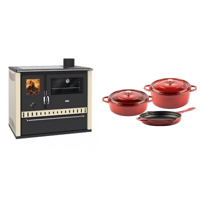 Set Küchenofen / Küchenhexe Prity GT Elfenbein, mit Glaskeramik-Kochfeld und Schublade, Leistung 15 kW + Gusseisen Topf Set aus 3 teilen Solagio, Rubin - Kaminofen - Holzofen mit Backfach