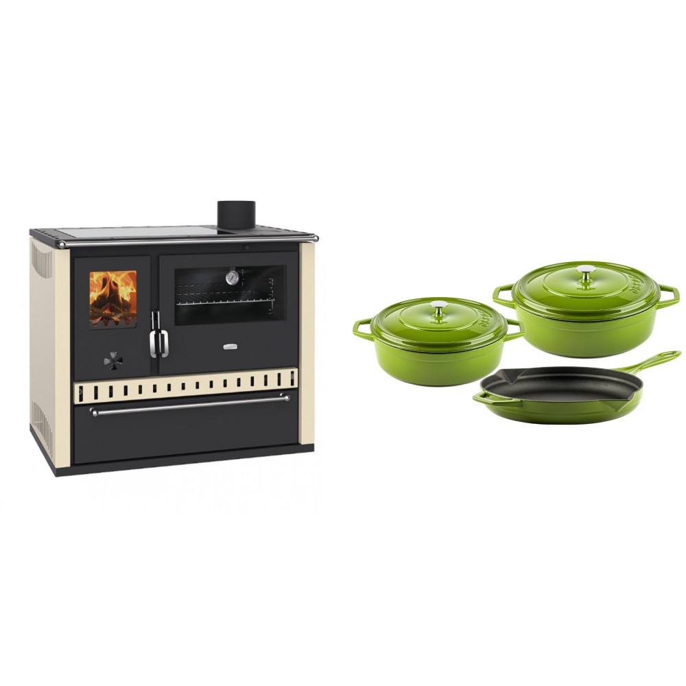 Set Küchenofen / Küchenhexe Prity GT Elfenbein, mit Glaskeramik-Kochfeld und Schublade, Leistung 15 kW + Gusseisen Topf Set aus 3 teilen Solagio, Bamboo