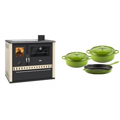 Set Küchenofen / Küchenhexe Prity GT Elfenbein, mit Glaskeramik-Kochfeld und Schublade, Leistung 15 kW + Gusseisen Topf Set aus 3 teilen Solagio, Bamboo - Kaminofen - Holzofen mit Backfach