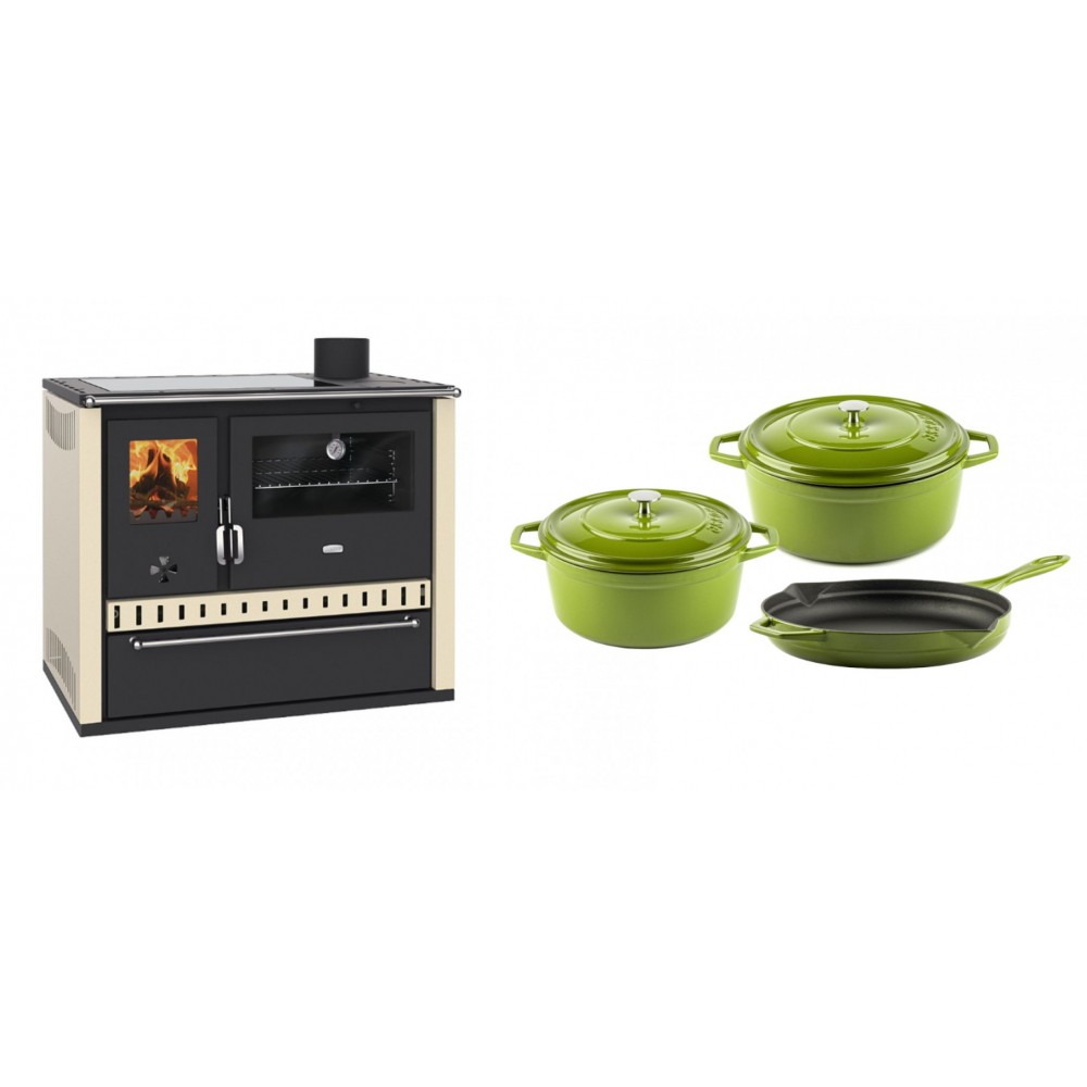 Set Küchenofen / Küchenhexe Prity GT Elfenbein, mit Glaskeramik-Kochfeld und Schublade, Leistung 15 kW + Gusseisen Topf Set aus 3 teilen Solagio, Bamboo