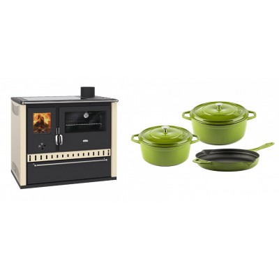 Set Küchenofen / Küchenhexe Prity GT Elfenbein, mit Glaskeramik-Kochfeld und Schublade, Leistung 15 kW + Gusseisen Topf Set aus 3 teilen Solagio, Bamboo - Kaminofen - Holzofen mit Backfach