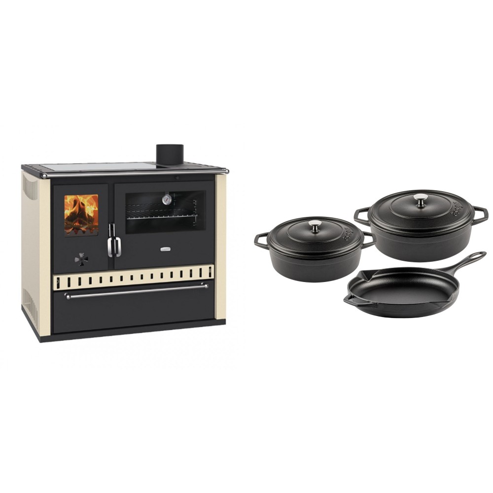 Set Küchenofen / Küchenhexe Prity GT Elfenbein, mit Glaskeramik-Kochfeld und Schublade, Leistung 15 kW + Gusseisen Topf Set aus 3 teilen Solagio, Black Onyx | Kaminofen - Holzofen mit Backfach | Kaminofen |