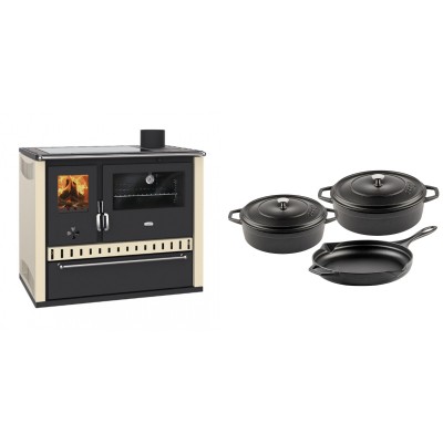 Set Küchenofen / Küchenhexe Prity GT Elfenbein, mit Glaskeramik-Kochfeld und Schublade, Leistung 15 kW + Gusseisen Topf Set aus 3 teilen Solagio, Black Onyx - Kaminofen - Holzofen mit Backfach