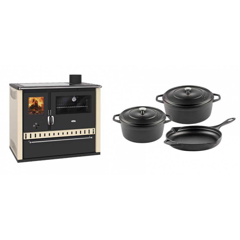 Set Küchenofen / Küchenhexe Prity GT Elfenbein, mit Glaskeramik-Kochfeld und Schublade, Leistung 15 kW + Gusseisen Topf Set aus 3 teilen Solagio, Black Onyx | Kaminofen - Holzofen mit Backfach | Kaminofen |