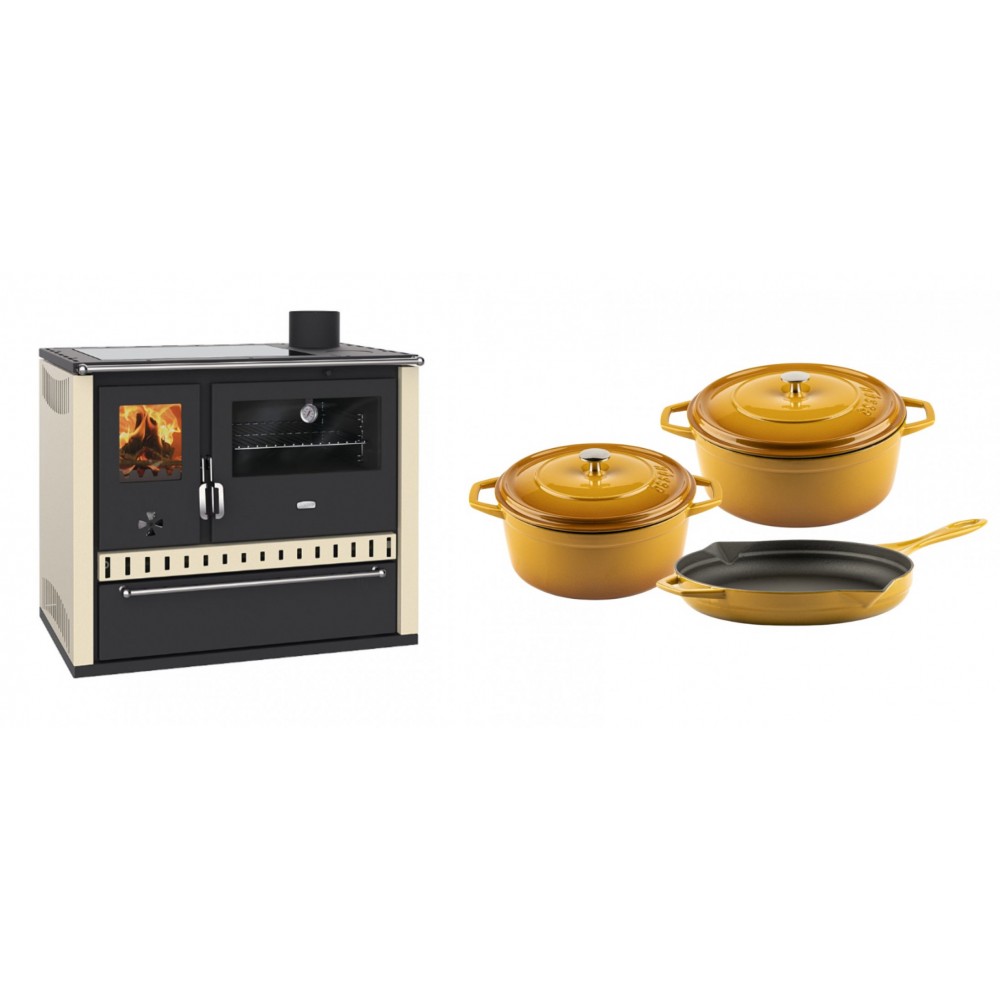 Set Küchenofen / Küchenhexe Prity GT Elfenbein, mit Glaskeramik-Kochfeld und Schublade, Leistung 15 kW + Gusseisen Topf Set aus 3 teilen Solagio, Dijon | Kaminofen - Holzofen mit Backfach | Kaminofen |