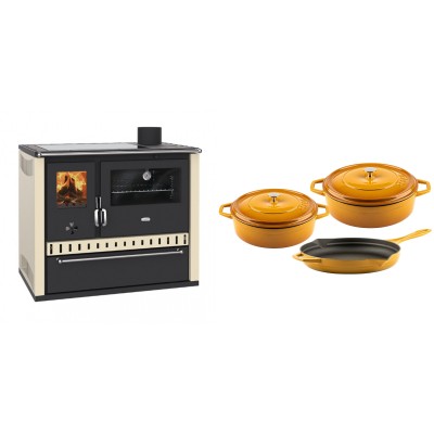 Set Küchenofen / Küchenhexe Prity GT Elfenbein, mit Glaskeramik-Kochfeld und Schublade, Leistung 15 kW + Gusseisen Topf Set aus 3 teilen Solagio, Dijon - Kaminofen - Holzofen mit Backfach