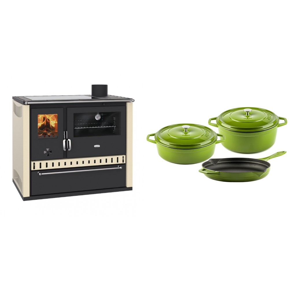 Set Küchenofen / Küchenhexe Prity GT Elfenbein, mit Glaskeramik-Kochfeld und Schublade, Leistung 15 kW + Gusseisen Topf Set aus 3 teilen Solagio, Bamboo