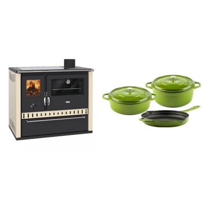 Set Küchenofen / Küchenhexe Prity GT Elfenbein, mit Glaskeramik-Kochfeld und Schublade, Leistung 15 kW + Gusseisen Topf Set aus 3 teilen Solagio, Bamboo - Kaminofen - Holzofen mit Backfach