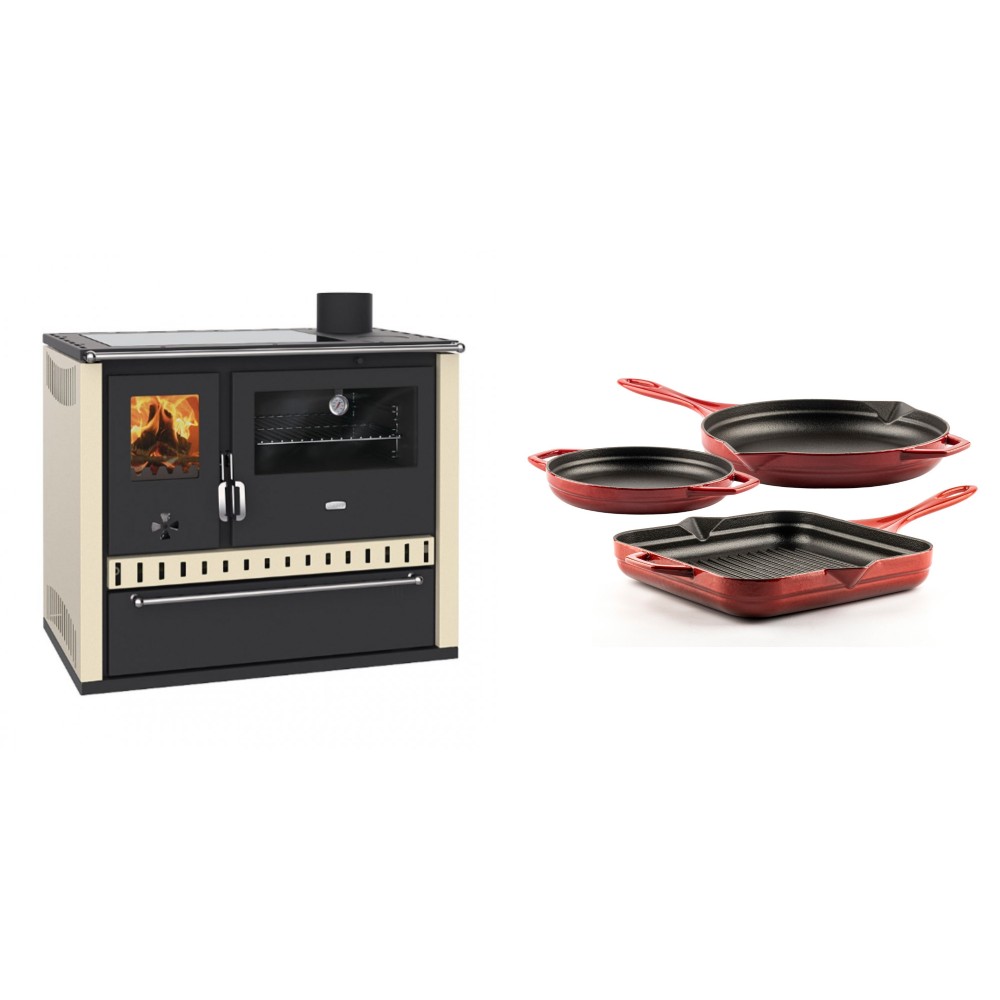 Set Küchenofen / Küchenhexe Prity GT Elfenbein, mit Glaskeramik-Kochfeld und Schublade, Leistung 15 kW + Gusseisen Topf Set aus 3 teilen Solagio, Rubin | Kaminofen - Holzofen mit Backfach | Kaminofen |