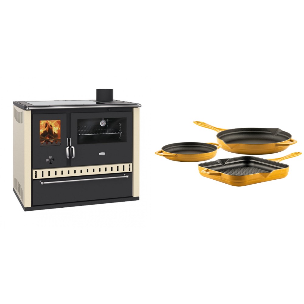 Set Küchenofen / Küchenhexe Prity GT Elfenbein, mit Glaskeramik-Kochfeld und Schublade, Leistung 15 kW + Gusseisen Topf Set aus 3 teilen Solagio, Dijon