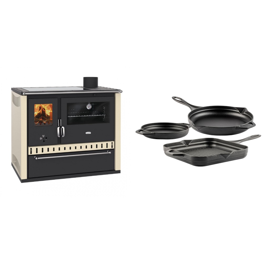 Set Küchenofen / Küchenhexe Prity GT Elfenbein, mit Glaskeramik-Kochfeld und Schublade, Leistung 15 kW + Gusseisen Topf Set aus 3 teilen Solagio, Black Onyx